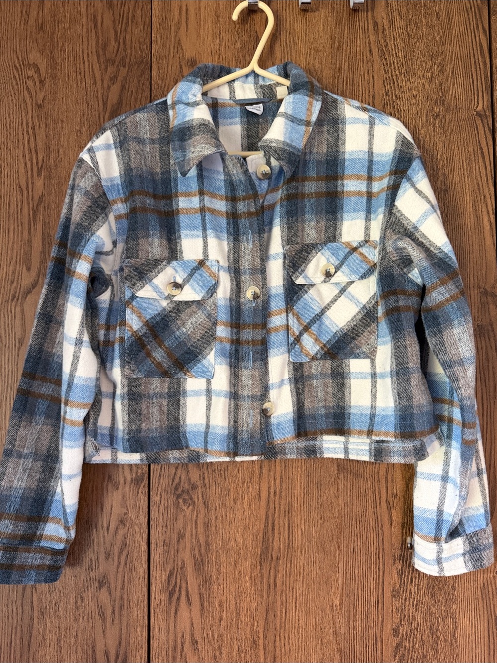 Cropped Plaid Jean Jacket in Blue, White & Brown